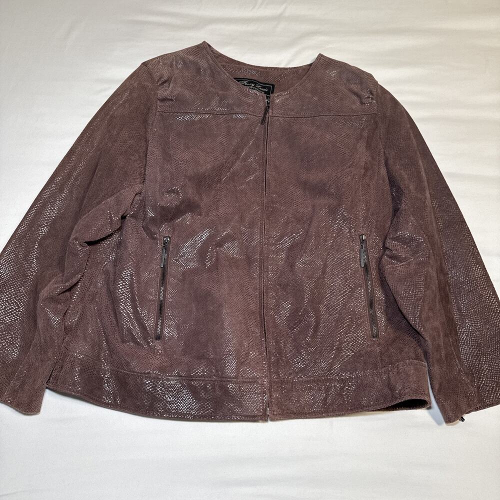 Terry Lewis Leather Jacket Womens 1X Brown Shiny Animal Print Classic Luxuries